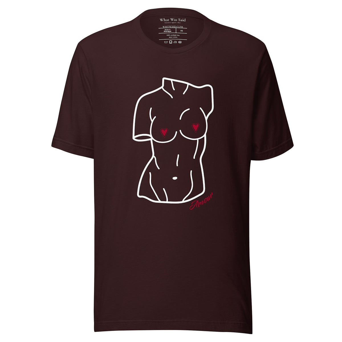 Front-facing graphic T-shirt in color oxblood dark reddish black, featuring a woman's bust sculpture outlined in white with red heart shaped nipples, and the word 'Amour' in red print, from What Was Said (Statement Apparel + More).  