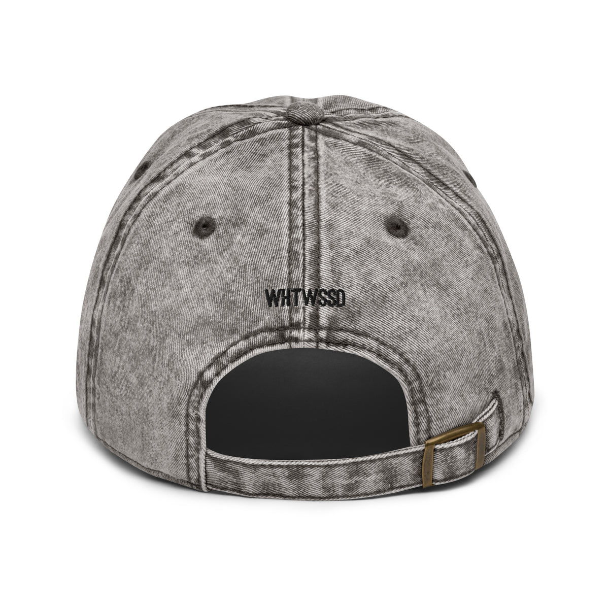 Product details on back facing vintage graphic cotton twill cap in color charcoal grey wash, featuring close up view of hats metal snap buckle closure and brand acronym WHTWSSD in black embroidery. From What Was Said (Statement Apparel + More).