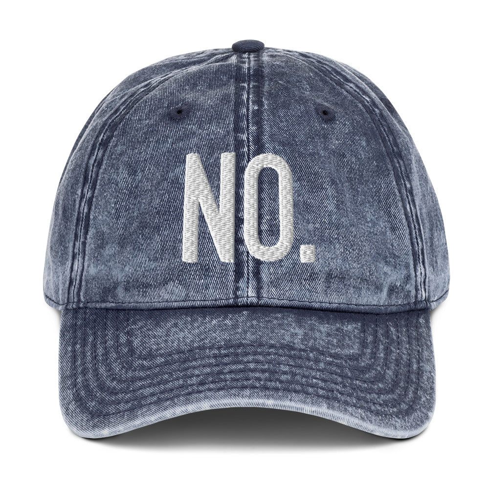 Front facing vintage graphic cotton twill cap in color navy blue wash, featuring the statement 'NO.' in bold white embroidery. From What Was Said (Statement Apparel + More).