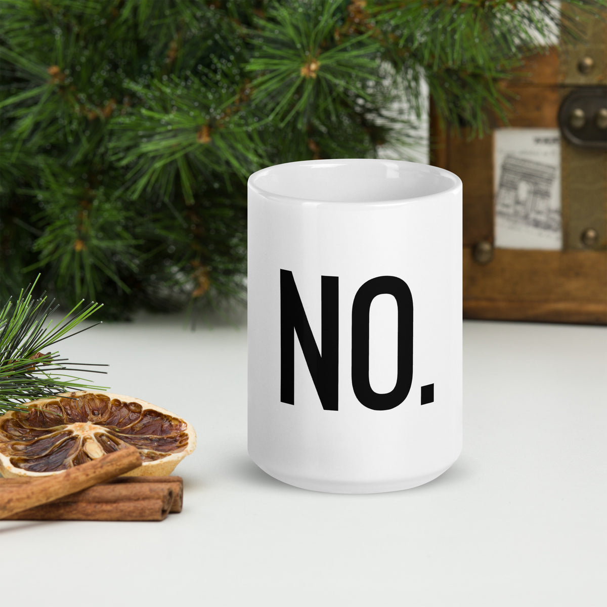 Front facing graphic 15 oz mug in color white, featuring the statement 'NO." in bold black print. From What Was Said (Statement Apparel + More). 