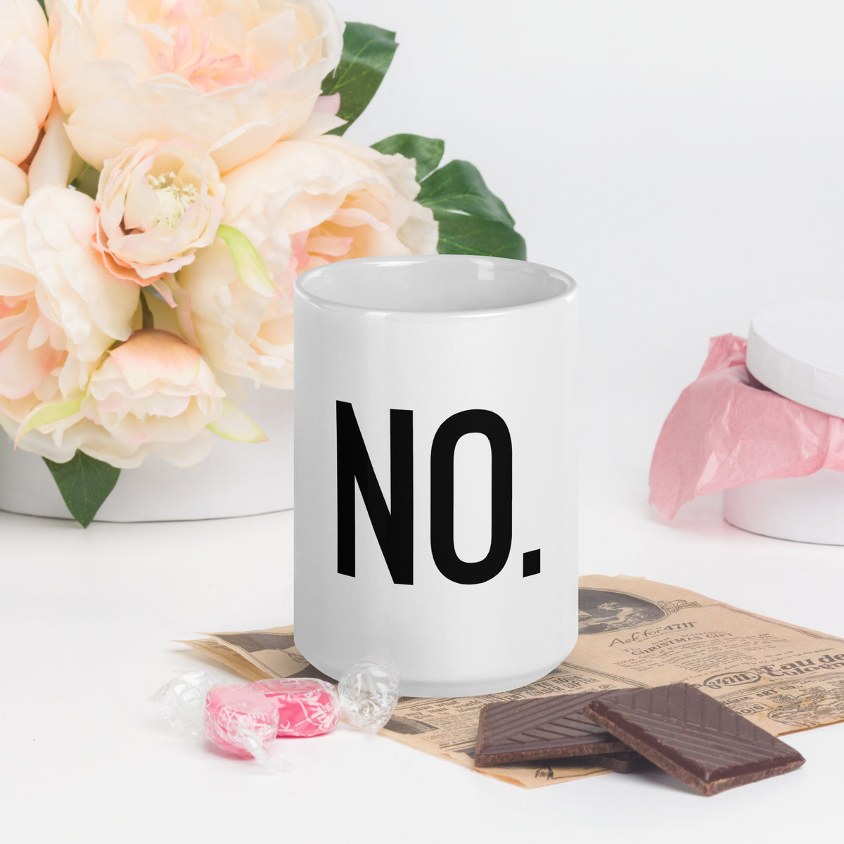 Front facing graphic 15 oz mug in color white, featuring the statement 'NO." in bold black print. From What Was Said (Statement Apparel + More). 