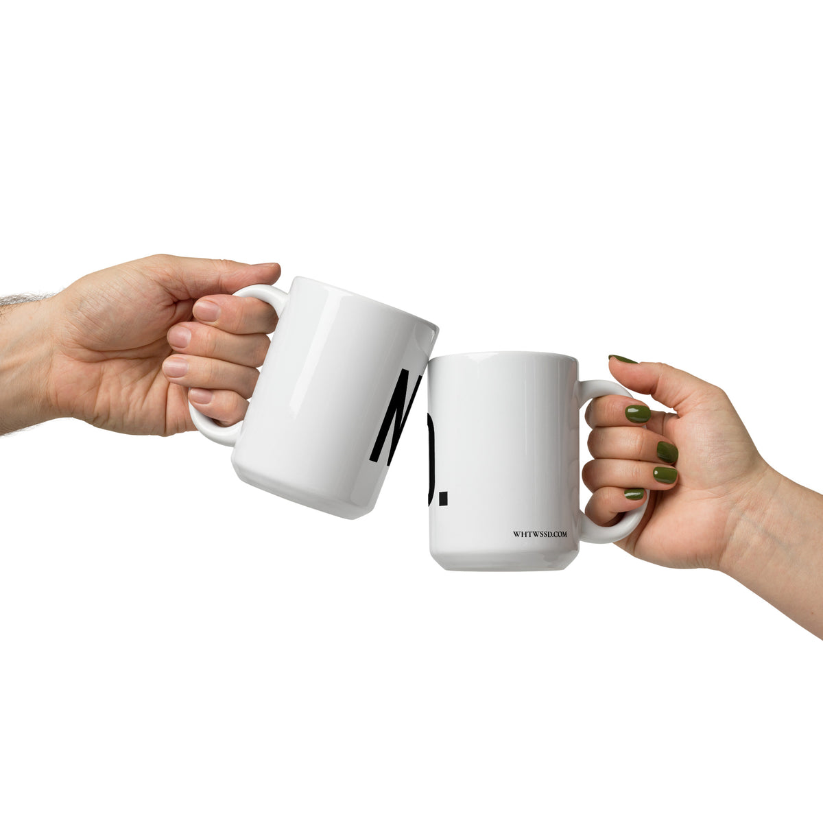 Right and left side facing graphic 15 oz mugs in color white, featuring brand website, WHTWSSD.COM, in small black print on the side. From What Was Said (Statement Apparel + More). 