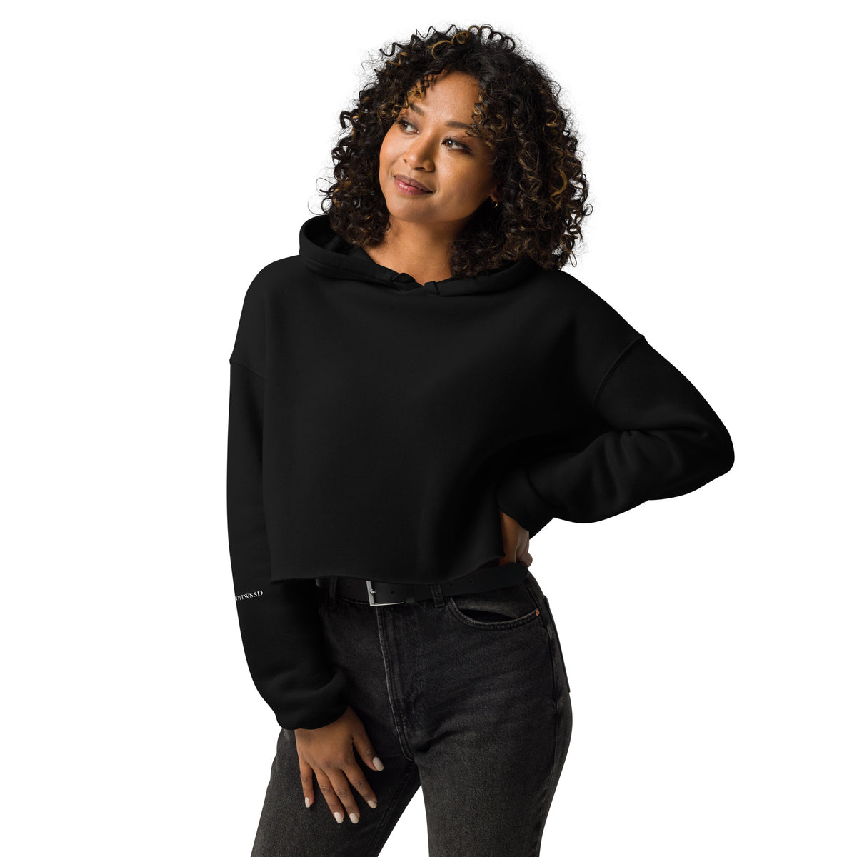 Model is wearing front facing pullover graphic cropped hoodie in color black, featuring brand acronym, WHTWSSD in white print on right sleave. From What Was Said (Statement Apparel + More). 
