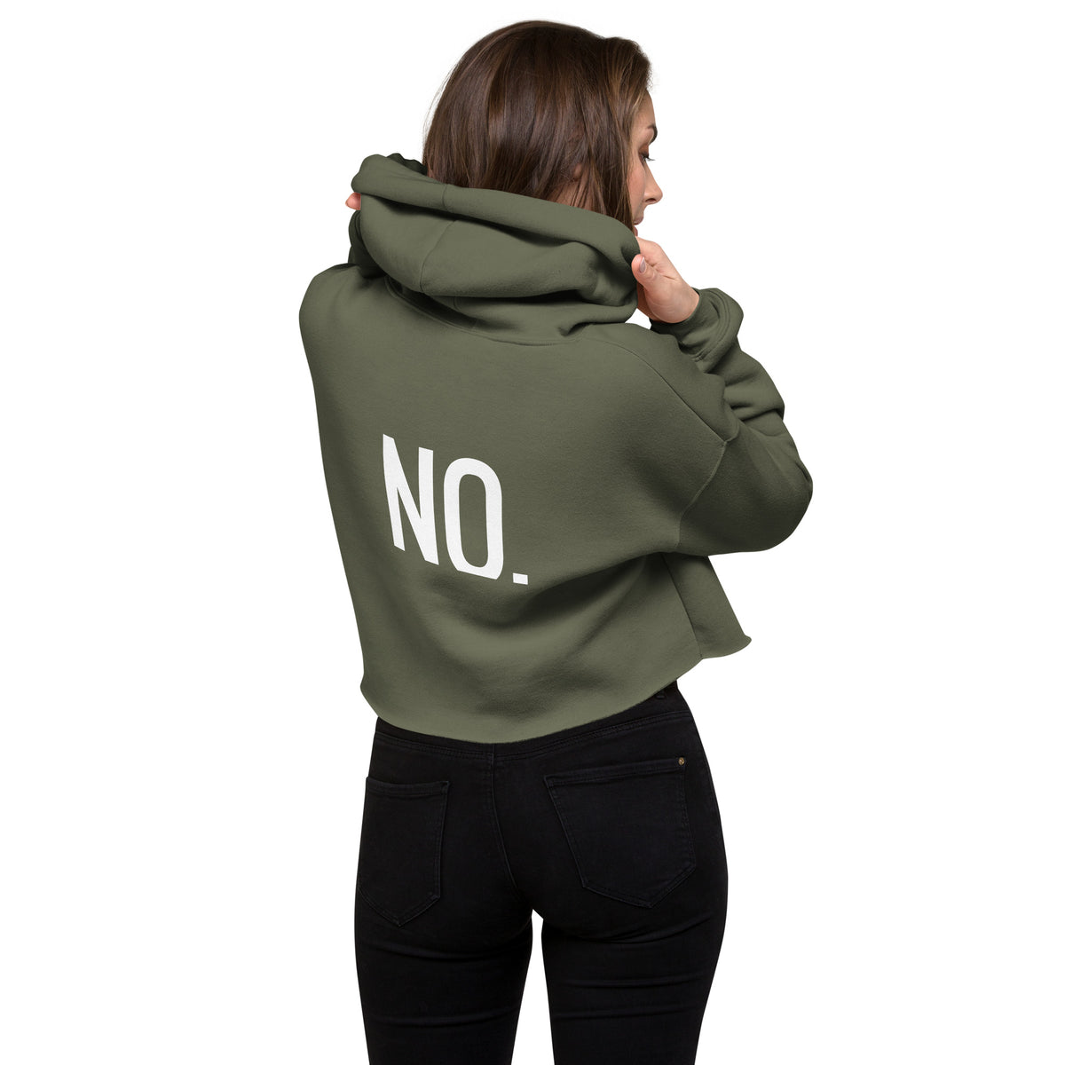 Model is wearing back facing pullover graphic cropped hoodie in color military green, featuring the statement 'NO.' in bold white print. From What Was Said (Statement Apparel + More). 