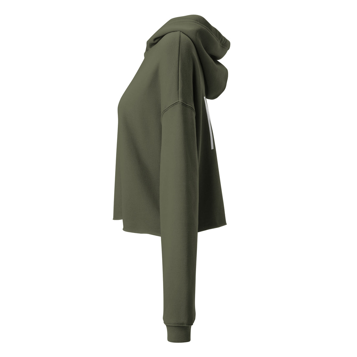 Left side facing pullover graphic cropped hoodie in color military green.  From What Was Said (Statement Apparel + More). 
