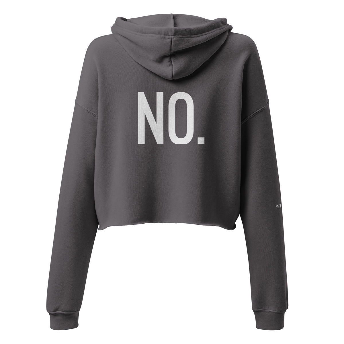 Back facing pullover graphic cropped hoodie in color storm grey, featuring the statement 'NO.' in bold white print. From What Was Said (Statement Apparel + More). 